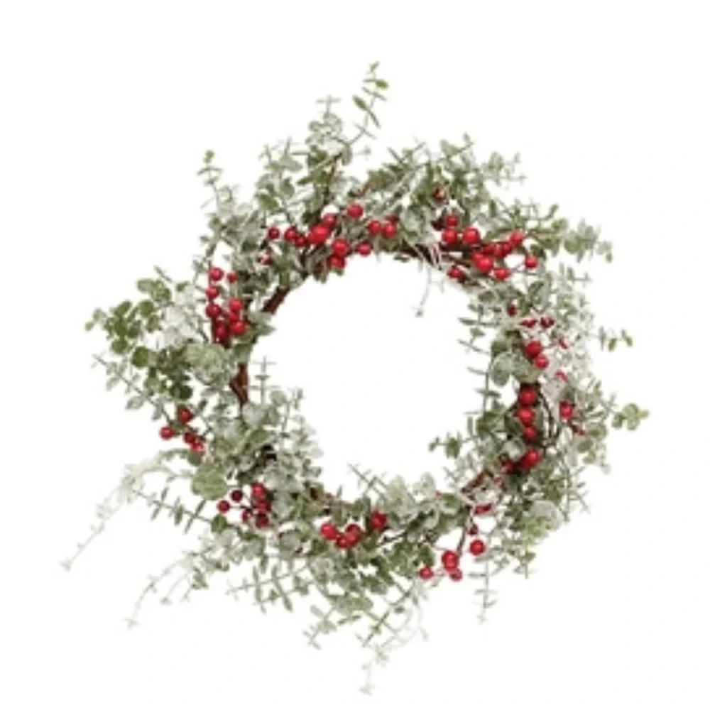 *Frosted Eucalyptus Wreath With Red Berries 16”